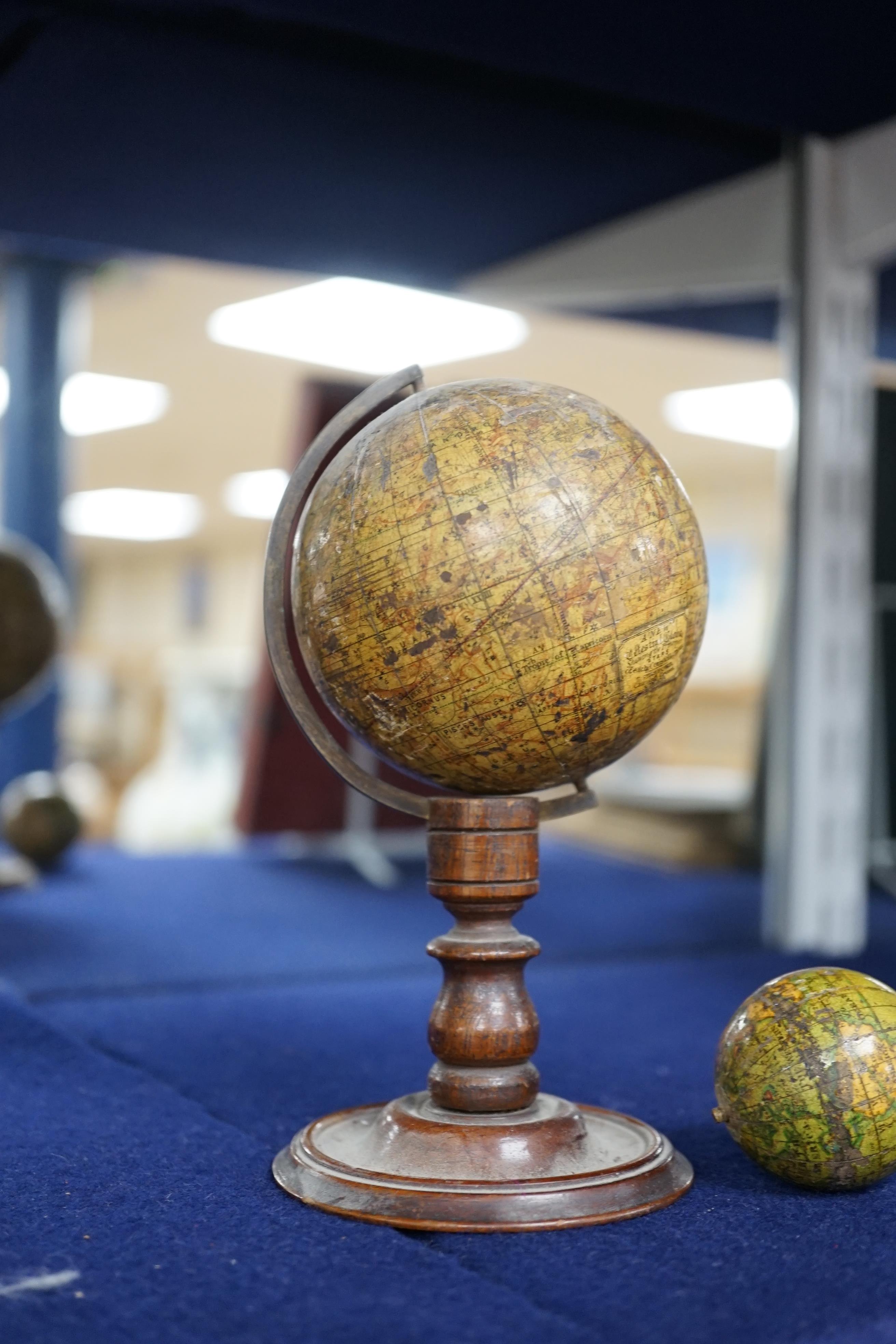 A 19th century 3 inch Stanford celestial globe, the makers panel reads; ‘A new celestial globe showing the principal stars of each Constellation E. Stanford Charing Cross, London’, diameter 7cm, on a turned mahogany stan